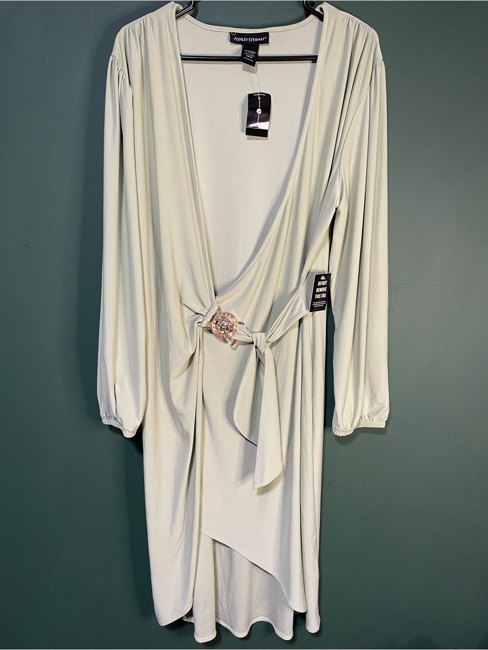 Ashley Stewart NWT Sage Green Ring Detail Faux Wrap Midi Dress